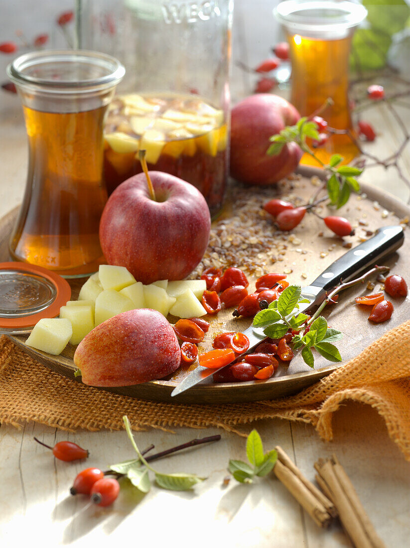 Homemade rosehip liqueur with apples