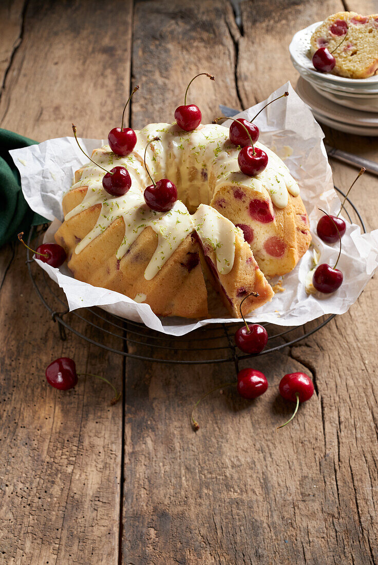 Yoghurt-and-lime Bundt cake with cherries
