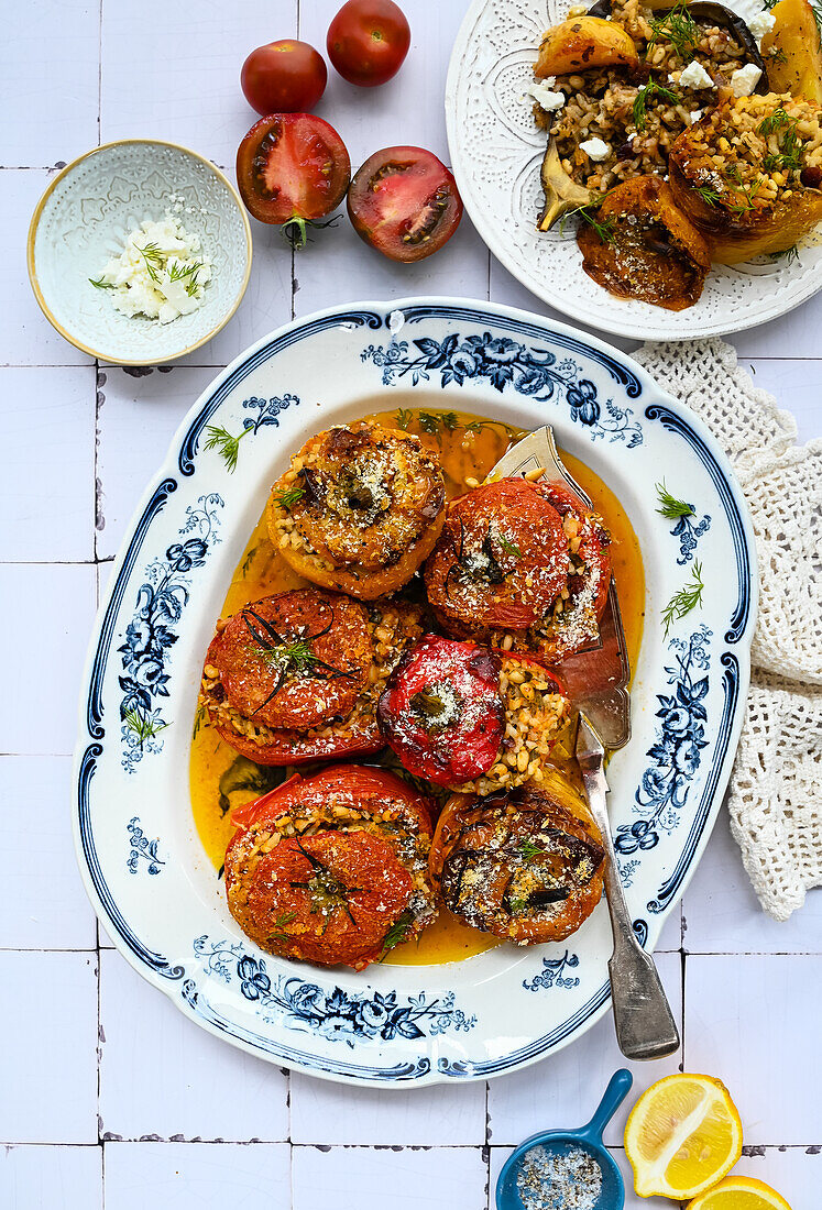 Stuffed roasted tomatoes and peppers