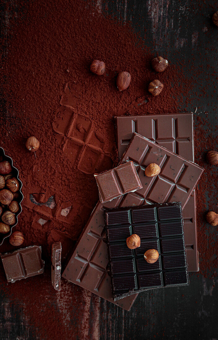 Verschiedene Schokoladentafeln auf Kakaopulver