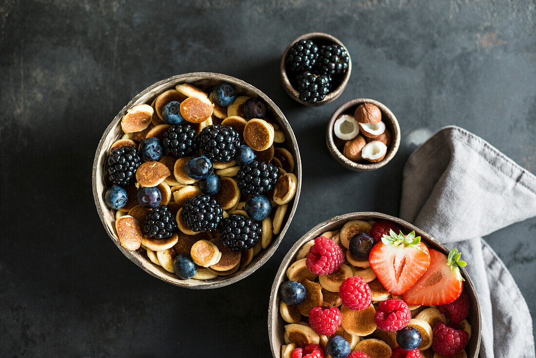 Mini Pancakes, berries, cereals