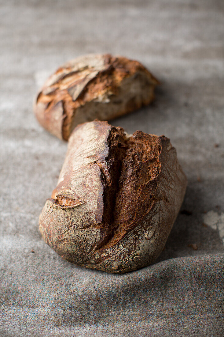 A loaf of country bread, split