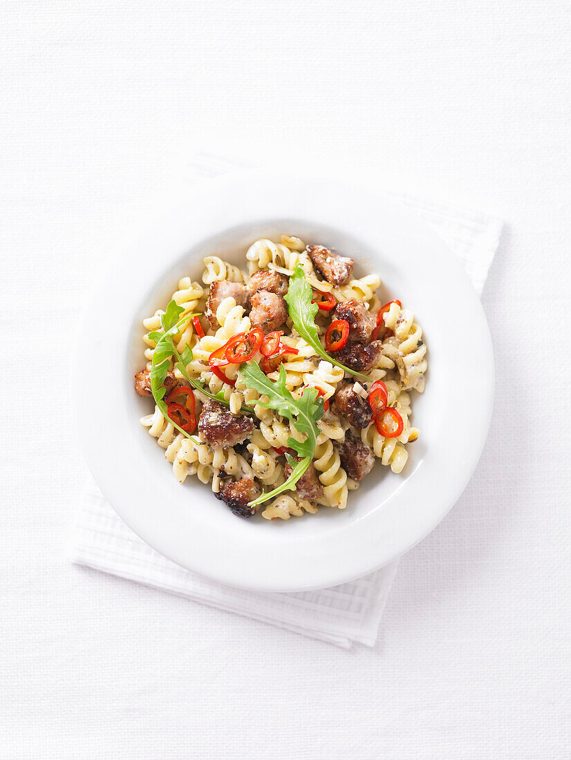 Fusilli mit Wurst, Fenchel und Rucola