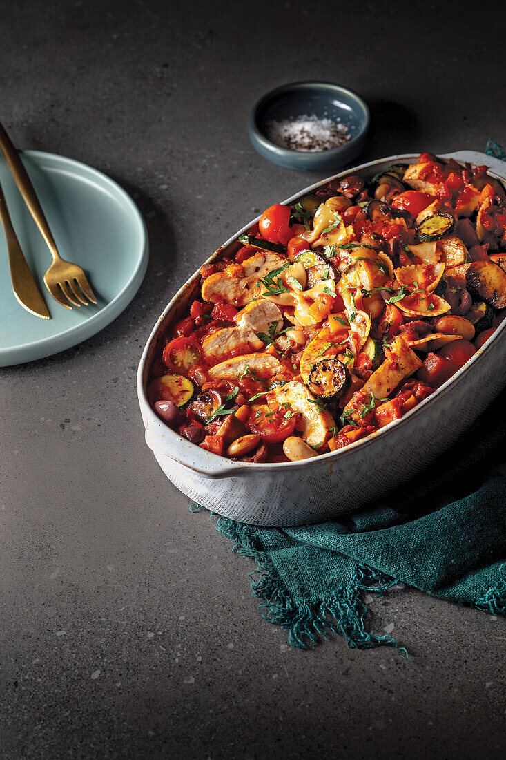 Nudelauflauf mit Farfalle, Huhn, Babyzucchini, Tomaten und Butterbohnen