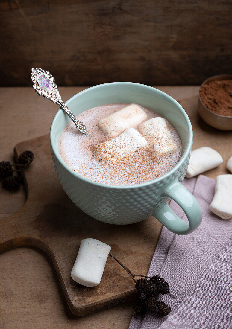 Cinnamon cocoa with almond-milk foam and vegan marshmallows