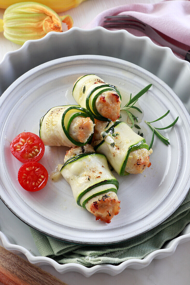 Zucchini rolls with chicken filling