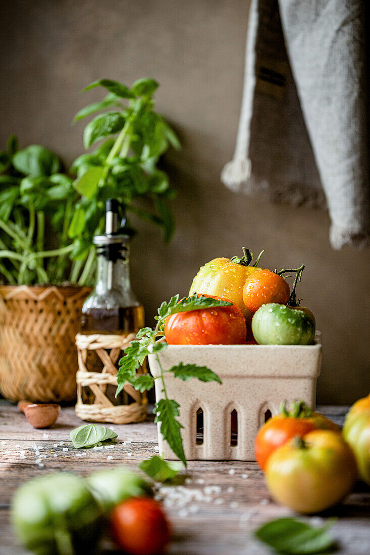 Frische Tomaten mit Wassertropfen und Basilikum