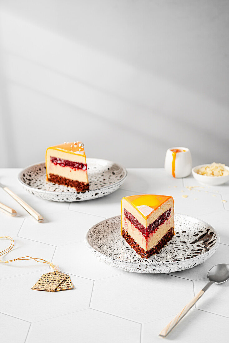Mousse cake with jam and mirror glaze
