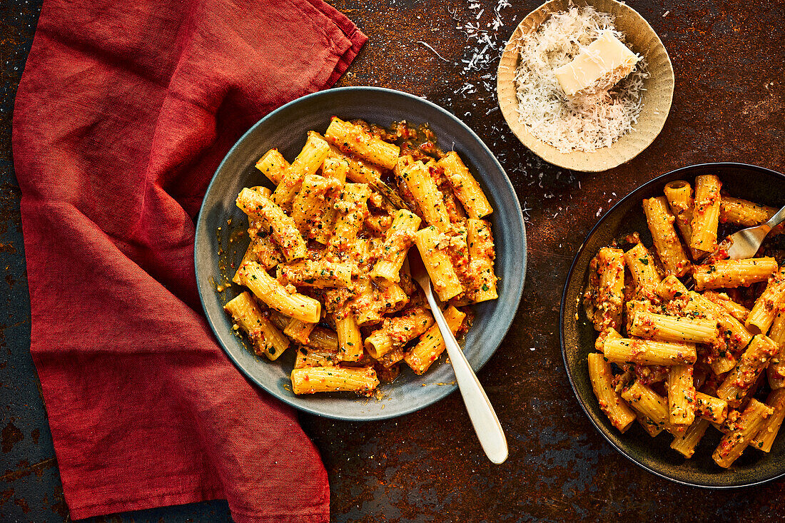 Pasta with red pepper hazelnut pesto