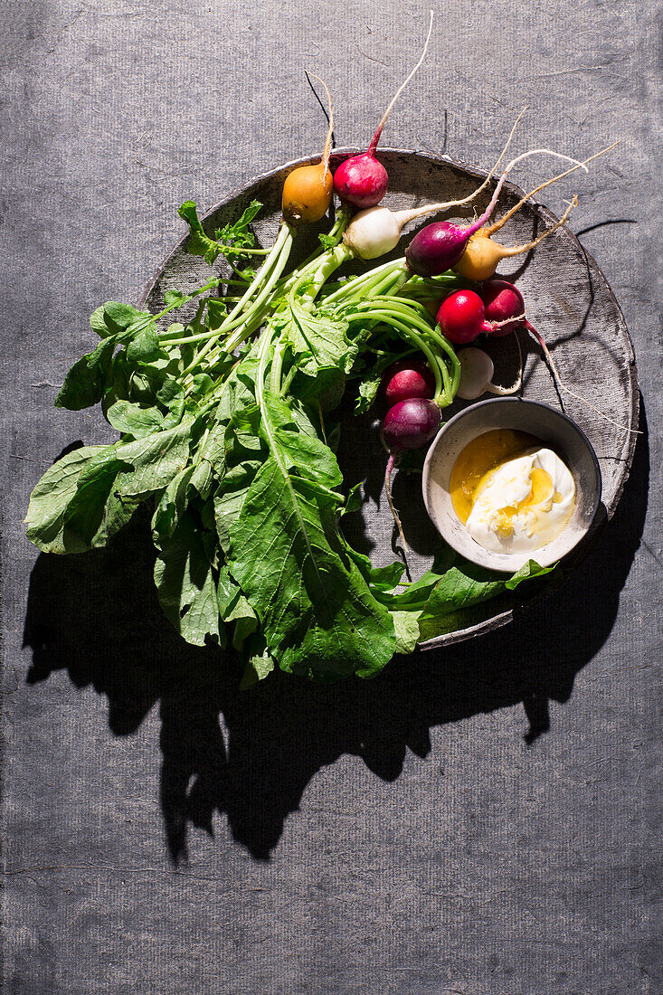 Colourful radishes with mayonnaise