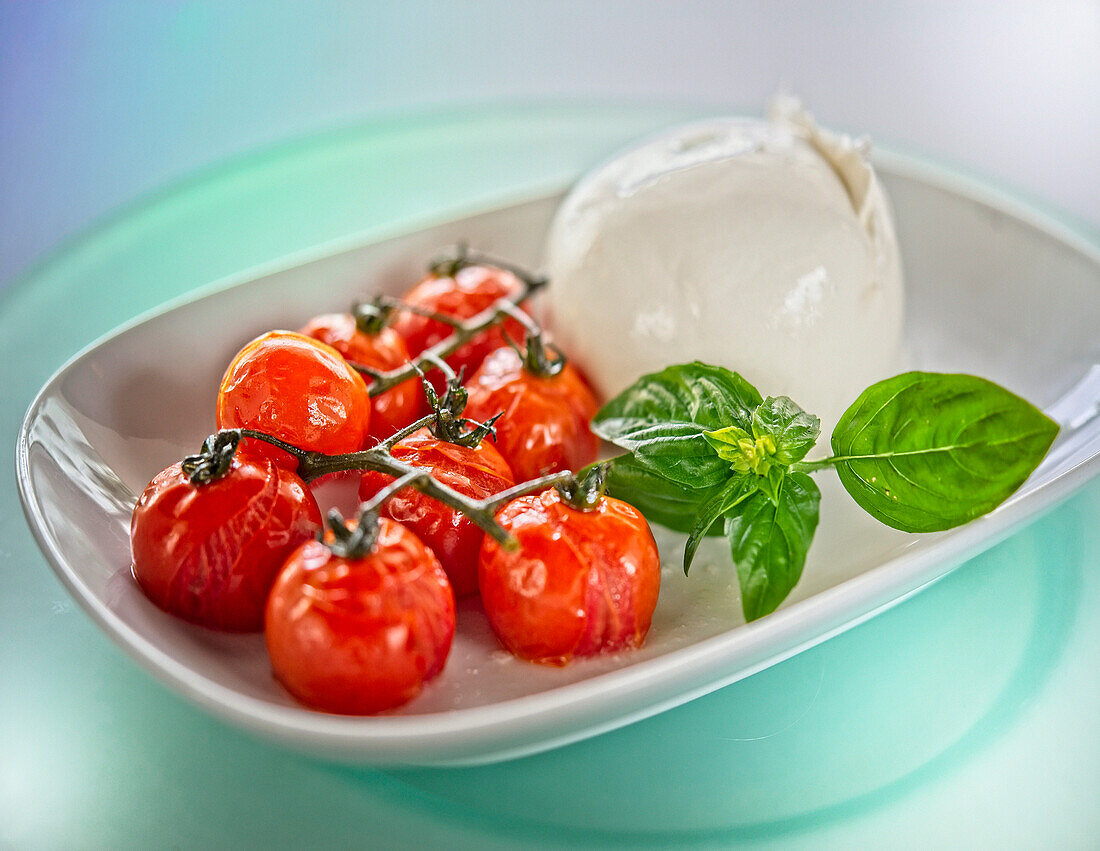 Geröstete Tomaten mit Büffelmozzarella und Basilikum