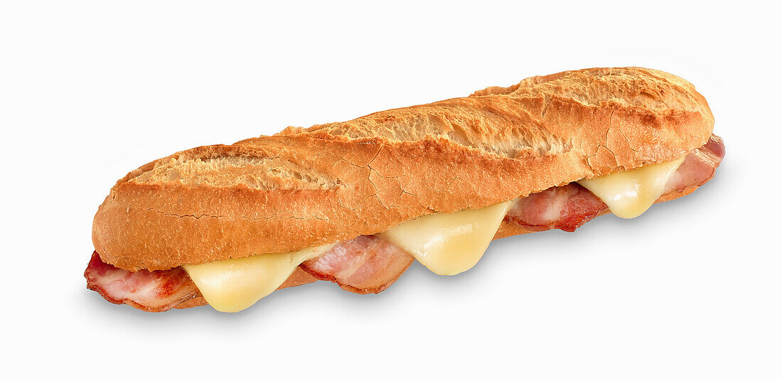 Warm baguette sandwich with bacon and cheese