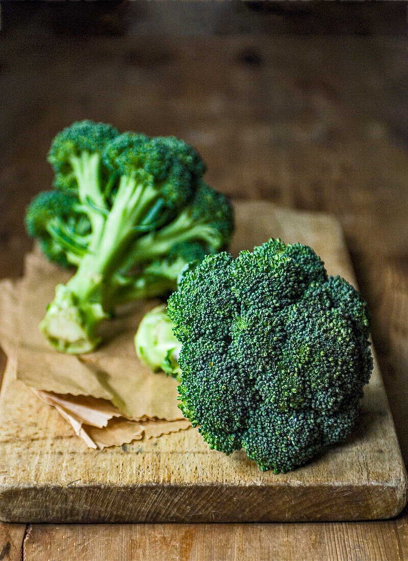 Fresh broccoli on a cutting board