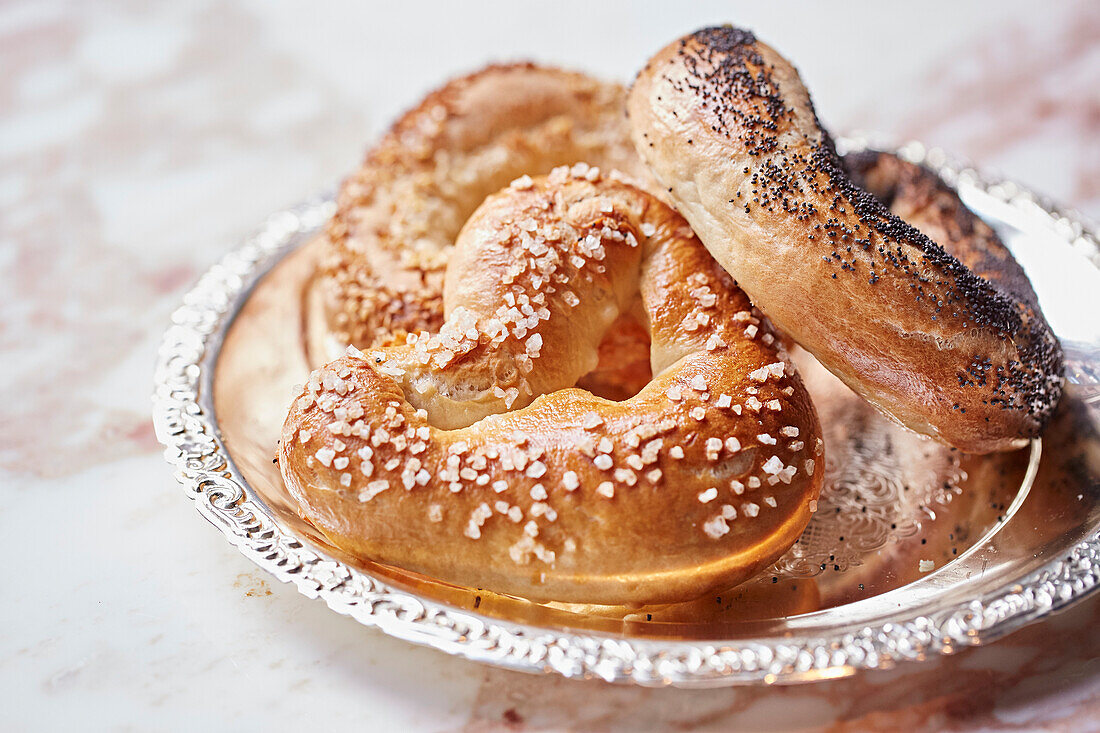 Bagels with pearl sugar and poppy seeds