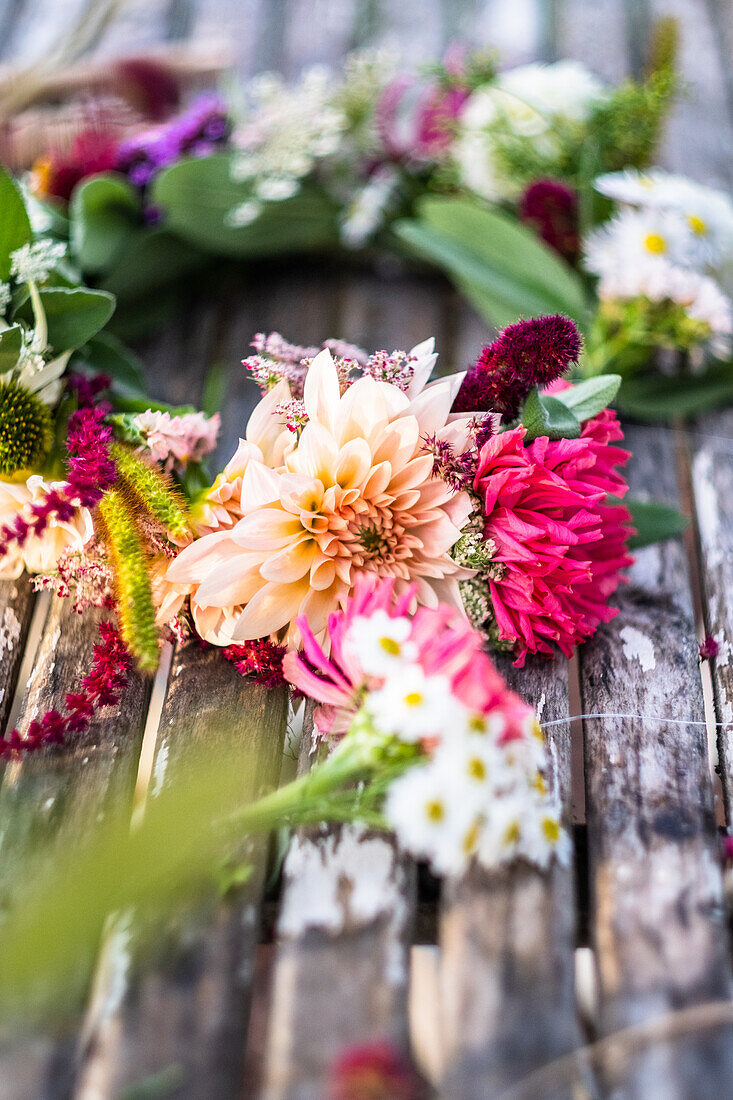 Colourful dahlias on a wooden table (Dahlia)