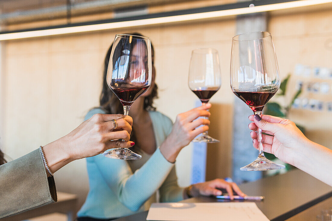 Sommeliers mit Rotweingläsern während einer Weindegustation in einem Restaurant