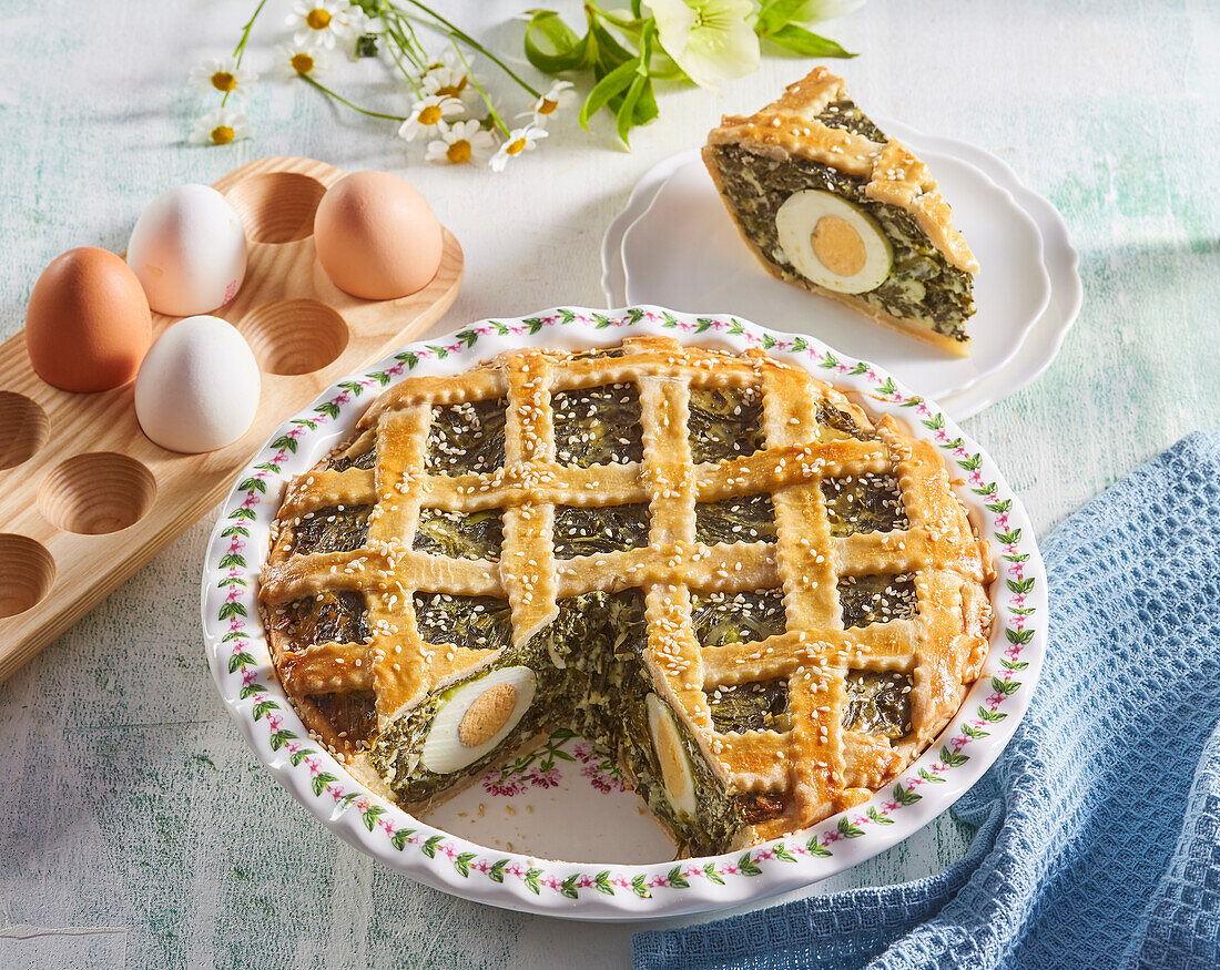 Spinach pie with hard boiled eggs