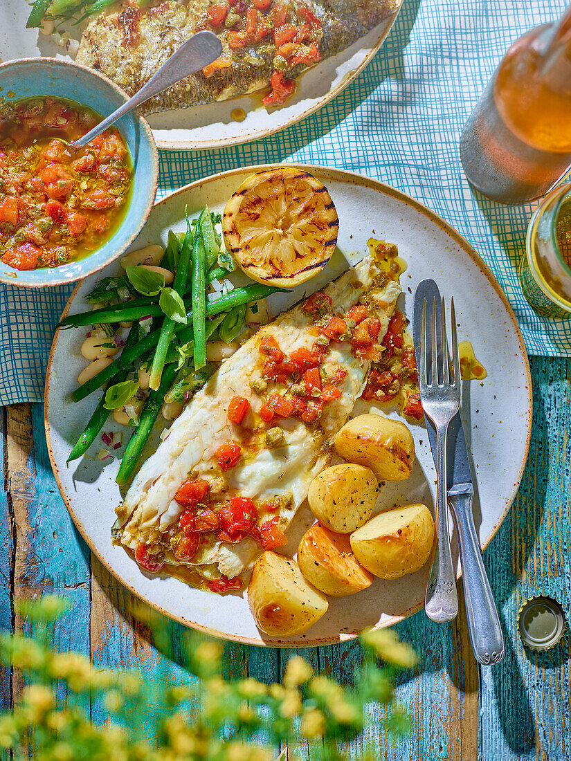 Gegrillter Fisch mit Bohnensalat und Kartoffeln