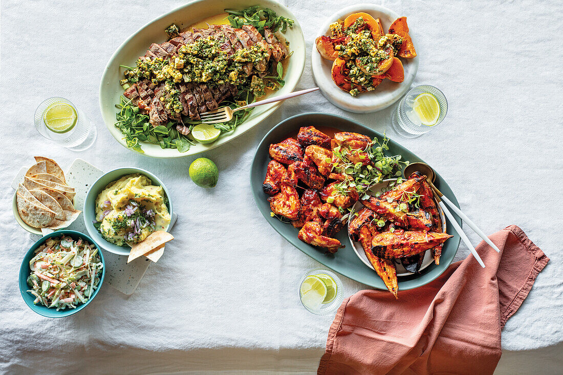 Rump steak with corn chimichurr, Sweet potato dip, Summer slaw, Corn chimichurri, Sweet tomato chilli chicken wings and sweet potato wedges