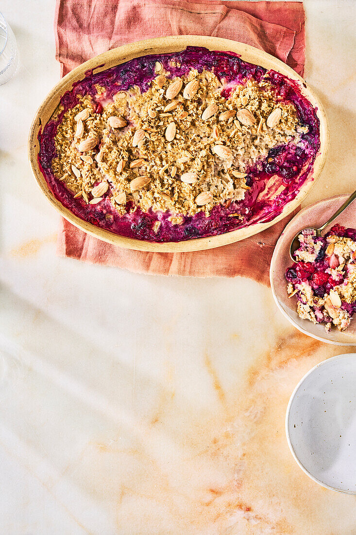 Vegan berry casserole with oatmeal and almonds