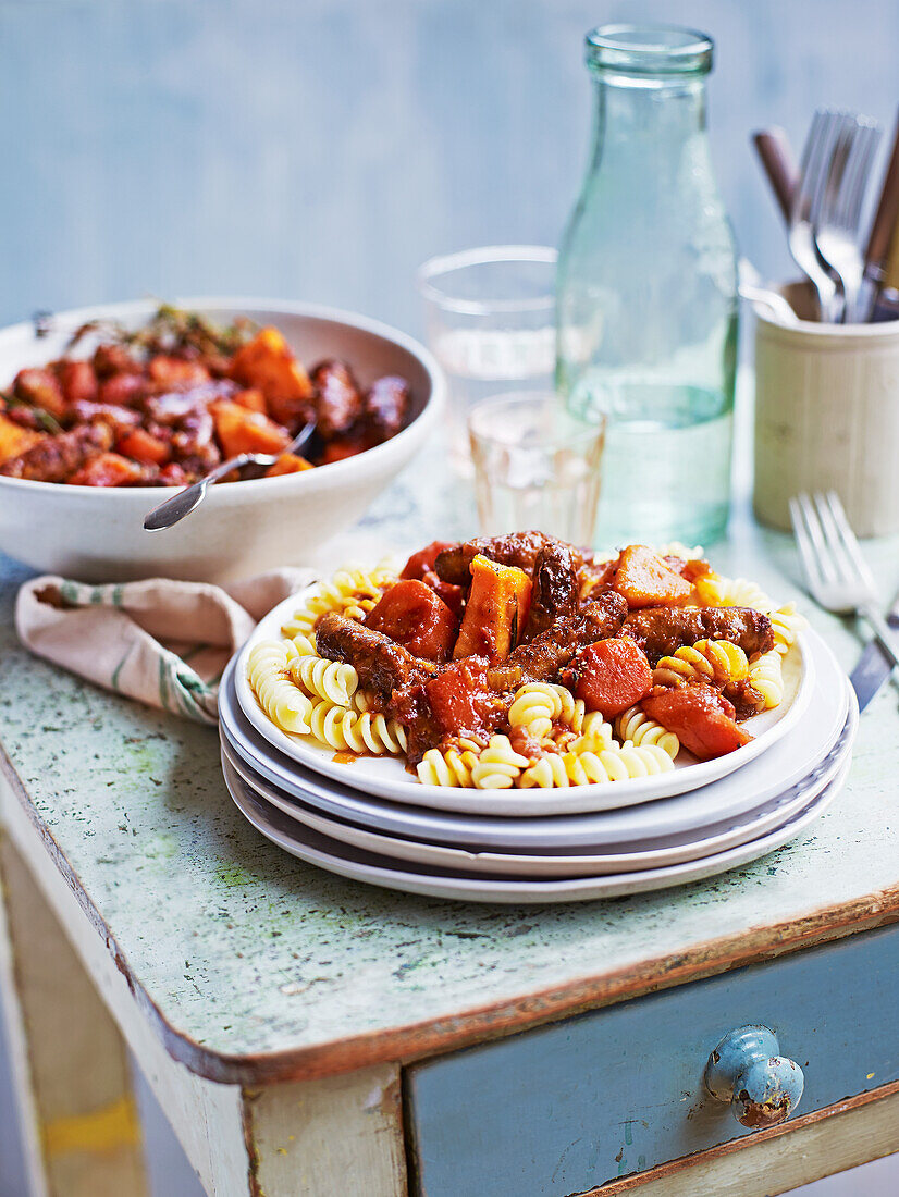 Sausage Casserole from the Slow Cooker with Spiral Noodles