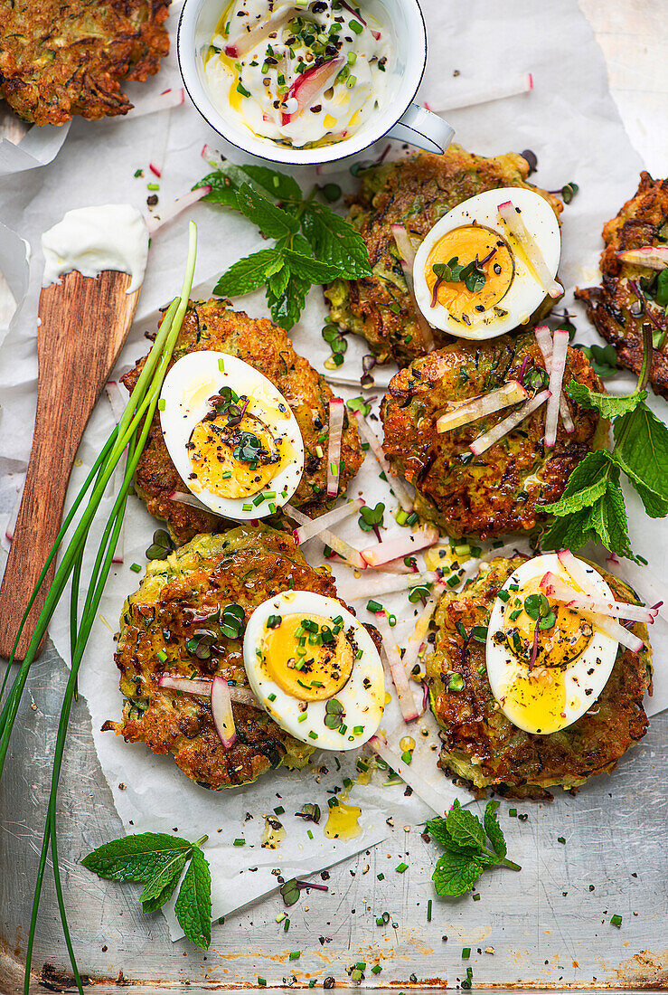 Zucchini-Röstis mit gekochtem Ei und Joghurtdip