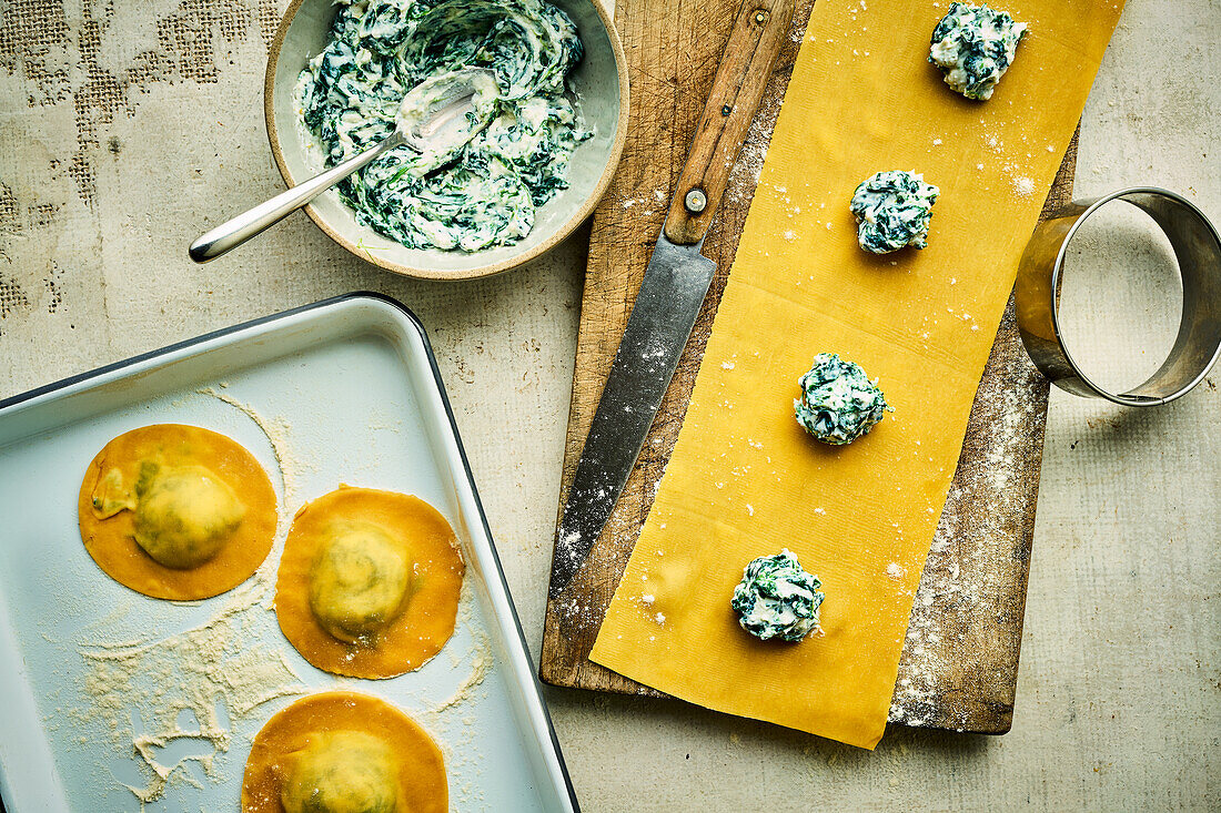 Homemade ravioli with spinach ricotta filling