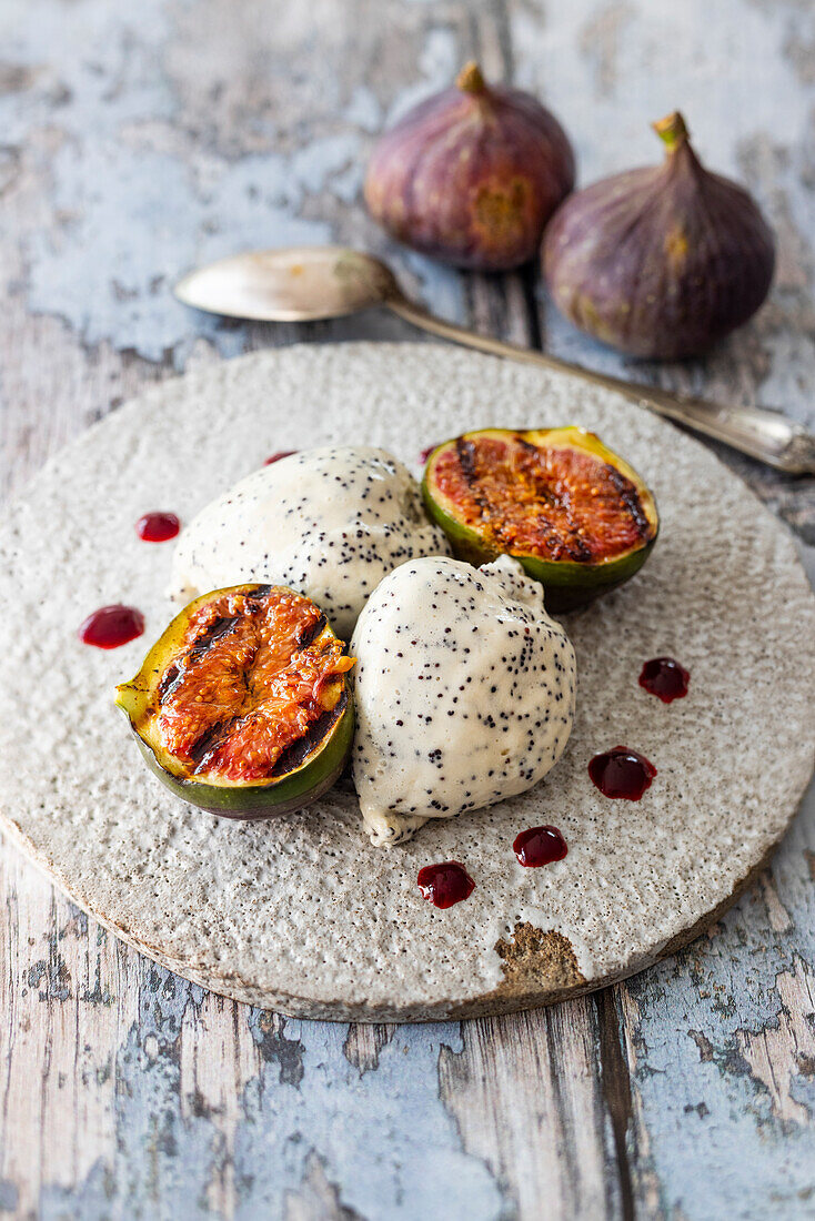 Poppy seed and white chocolate mousse with grilled figs