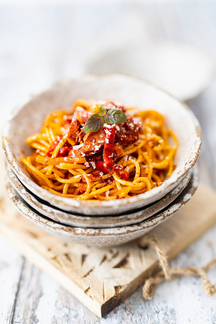 Spicy spaghetti all amatriciana with cabanossi sauce