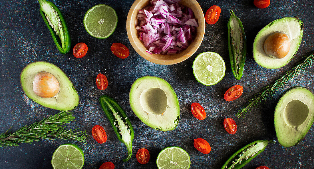 Avocado, red onions, tomatoes, rosemary and lime