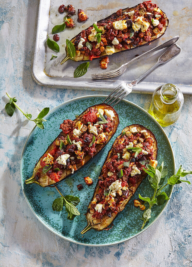 Roasted eggplant with feta cheese and minced meat