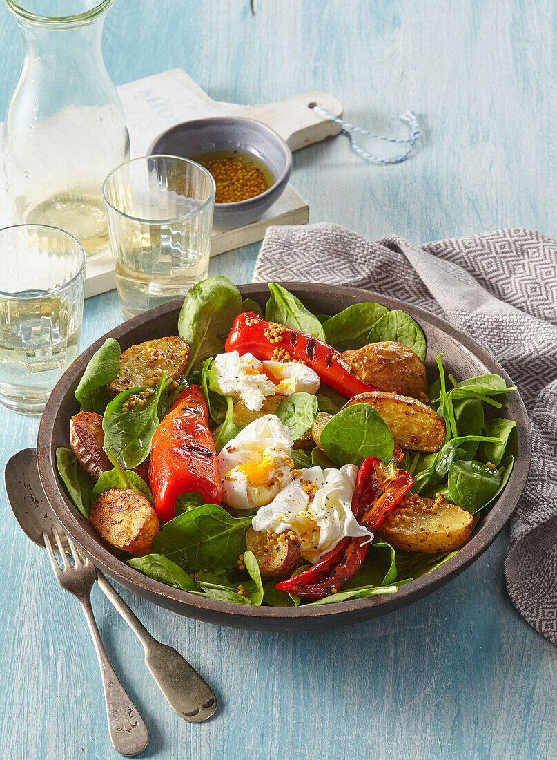 Salat mit gegrillter Paprika, Kartoffeln und pochierten Eiern