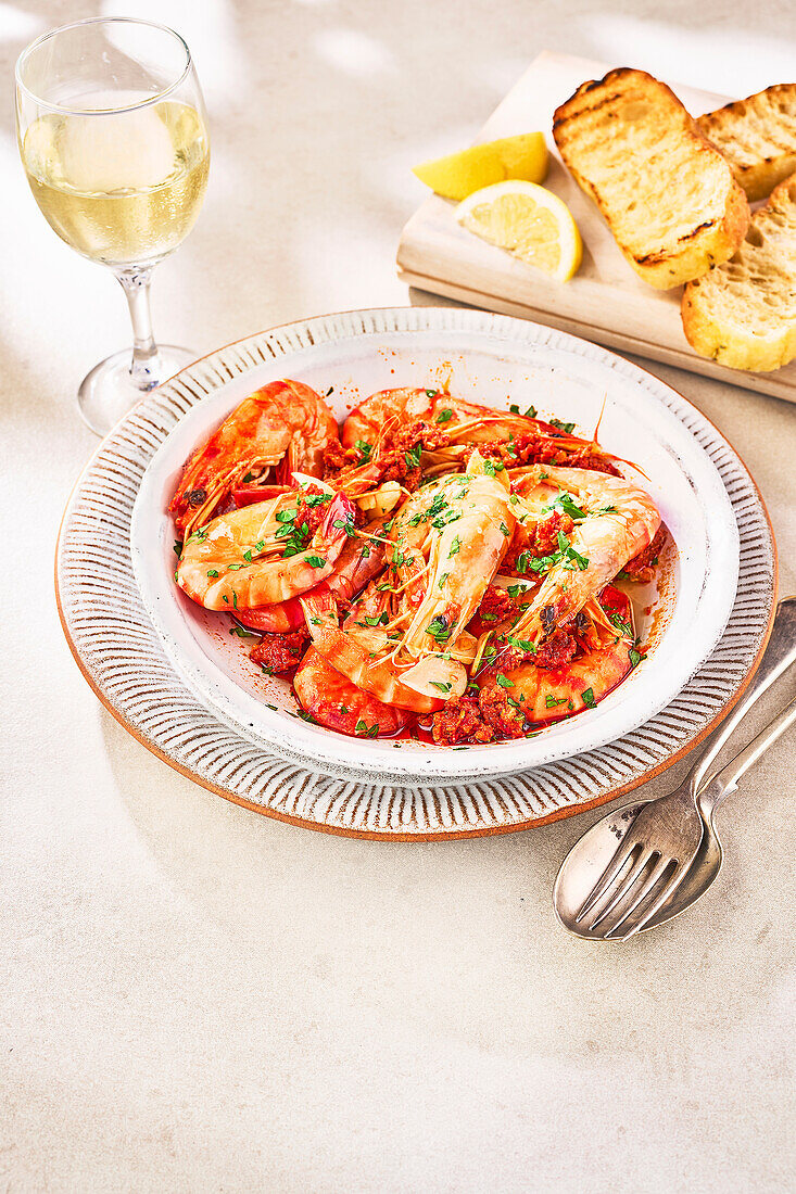 'Nduja prawns with toasted focaccia