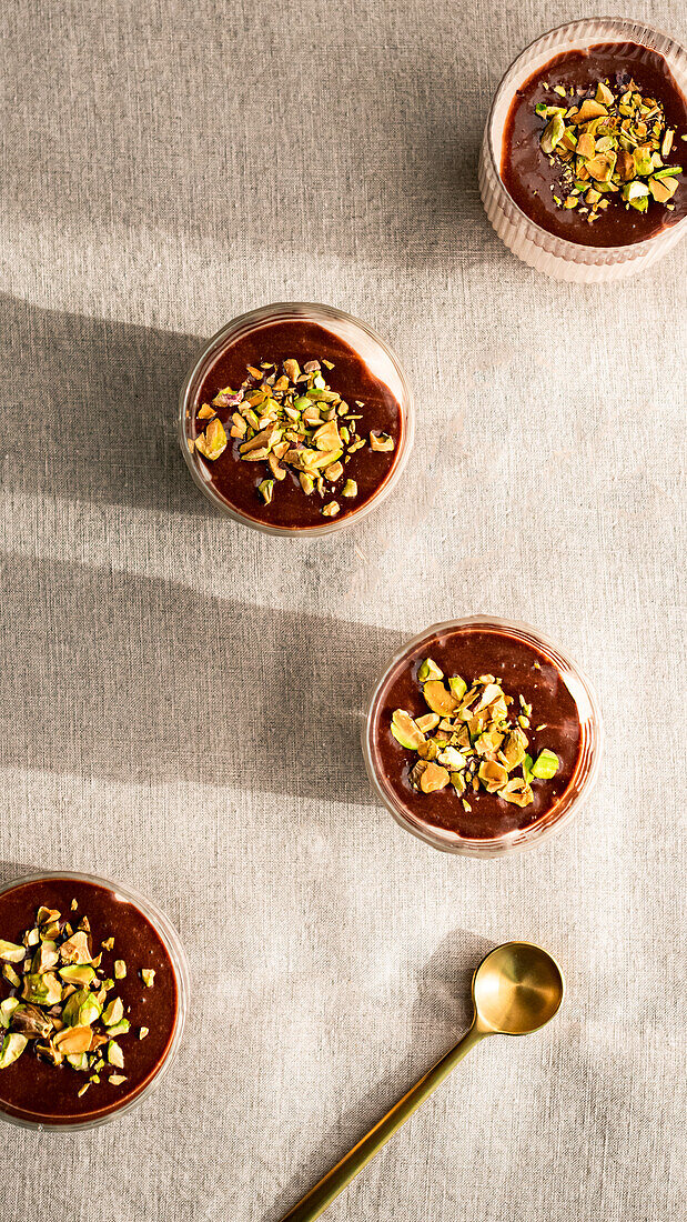 Espresso labneh mousse with tahini fudge and pistachios