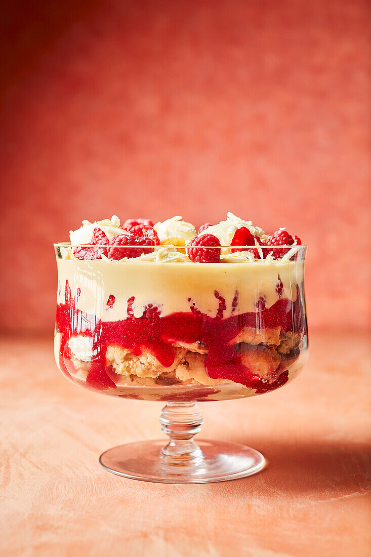 Raspberry trifle with mousse and scones