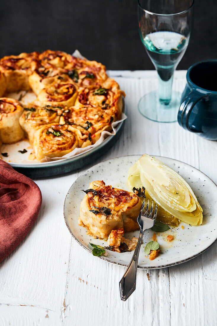 Pizza buns with a bean filling and braised chicory