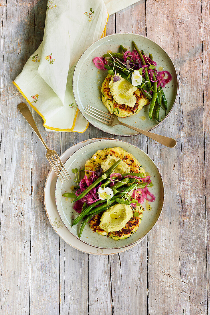 Zucchini potato fritters with bean puree