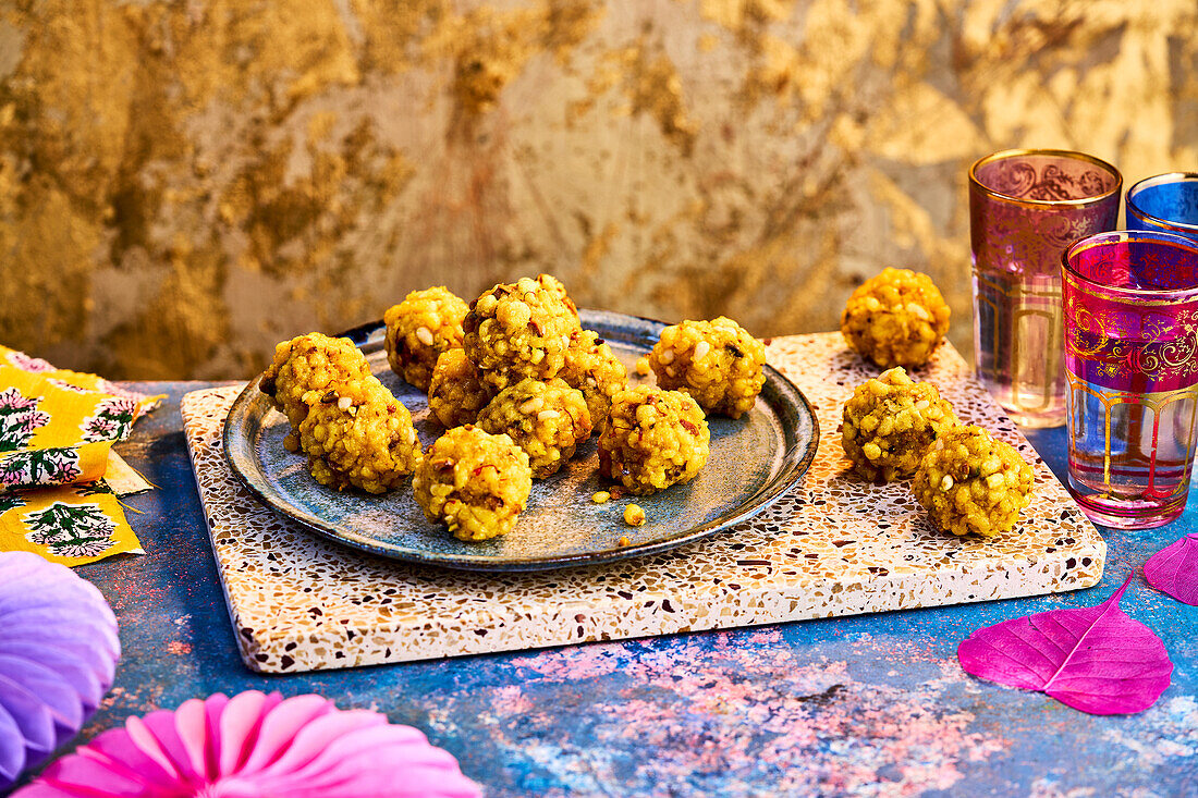 Boondi Laddu (Deep fried sweet dumplings made with chickpea flour and saffron, India)