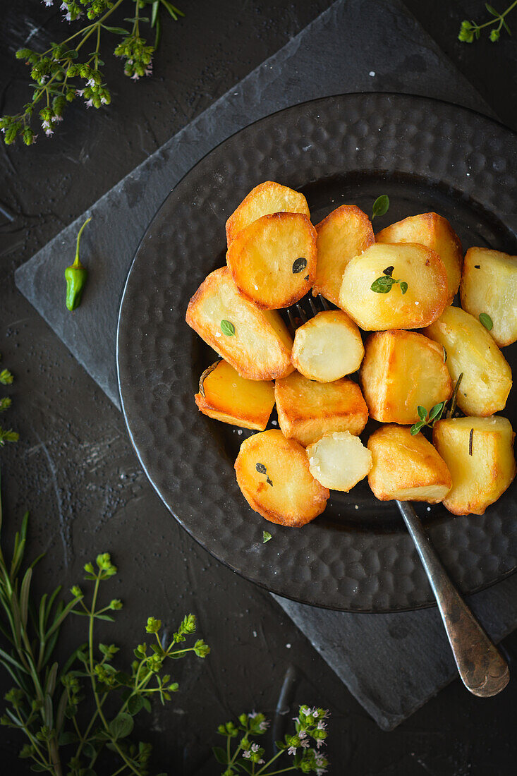 potatoes on a black plate