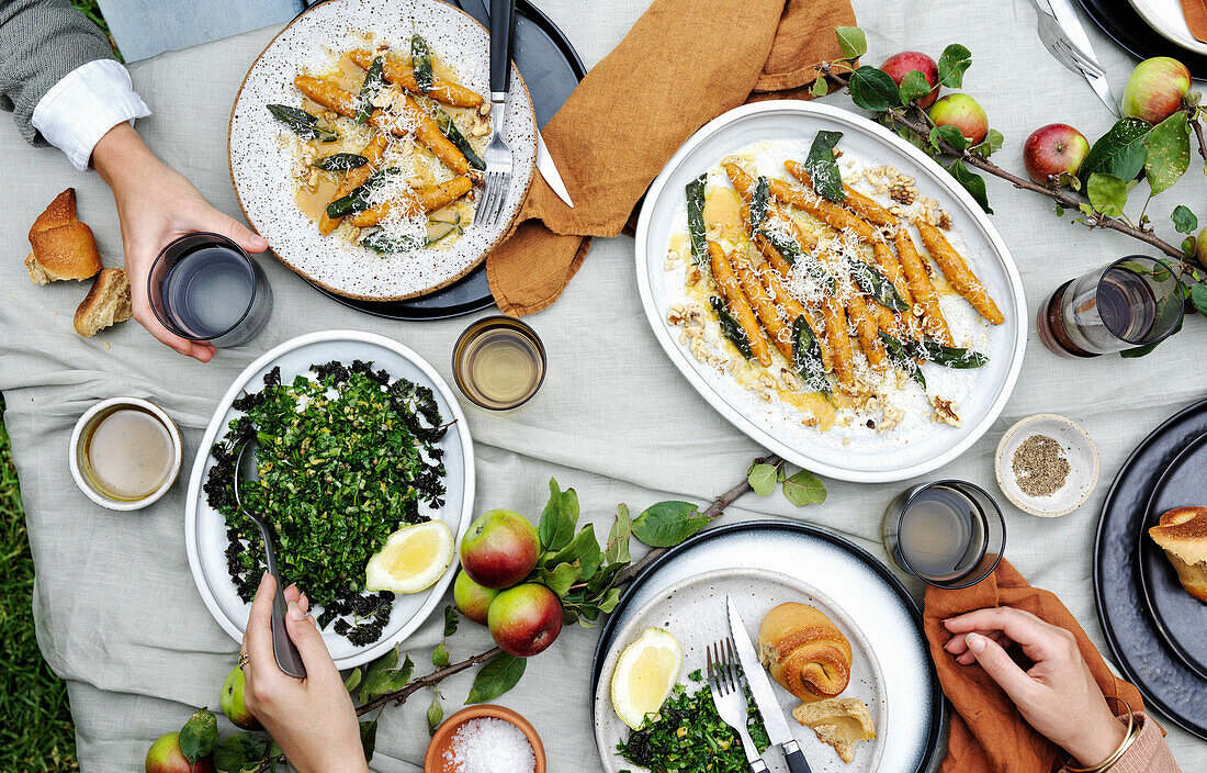 Parsley salad with finger lime and Pumpkin and walnut gocchi