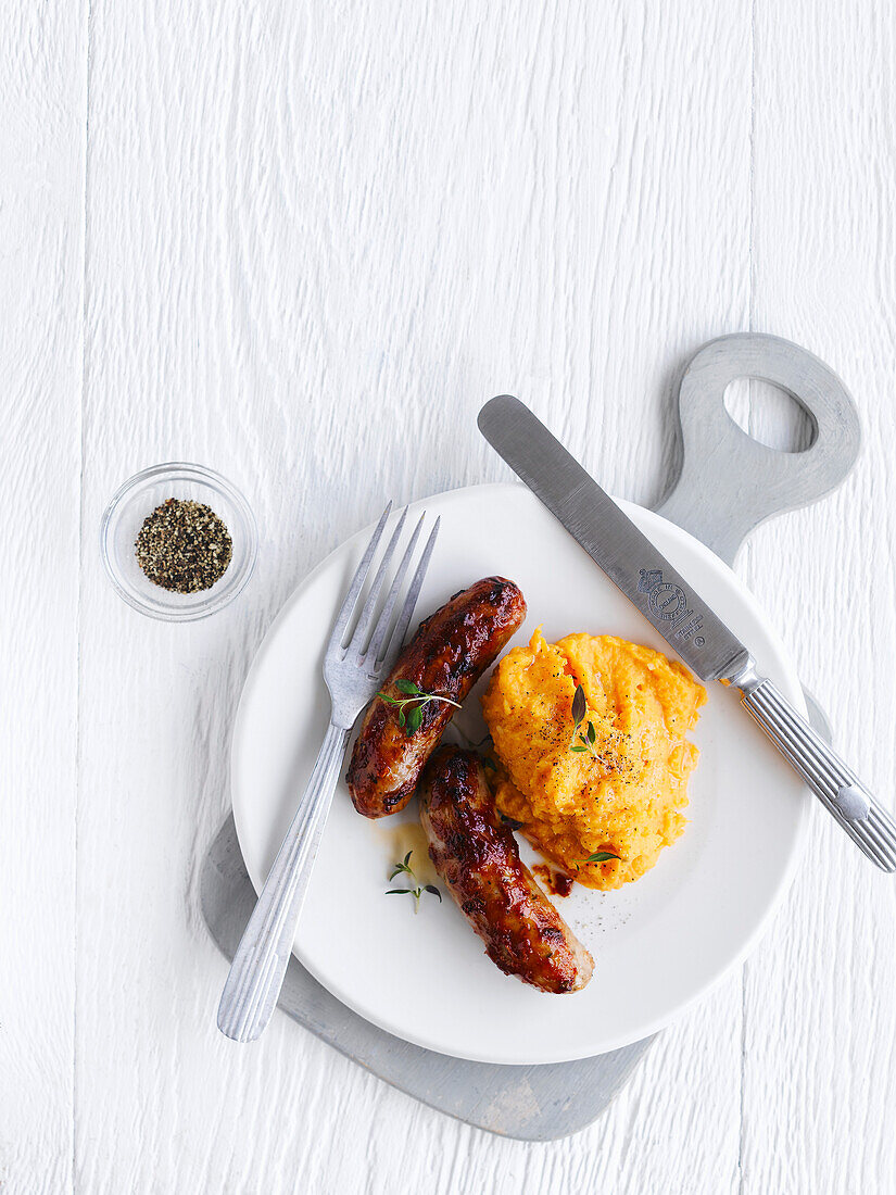 Pepper sausages with sweet potato puree
