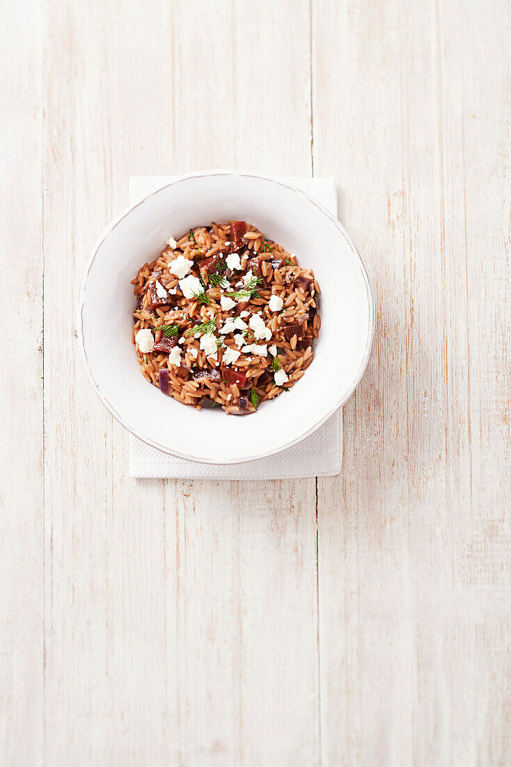 Beet orzo with feta cheese