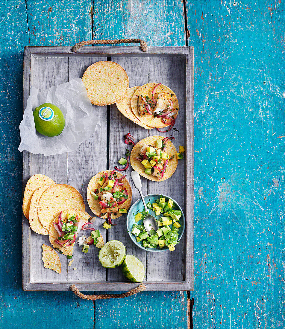 Tostados with bream and mango lime salsa