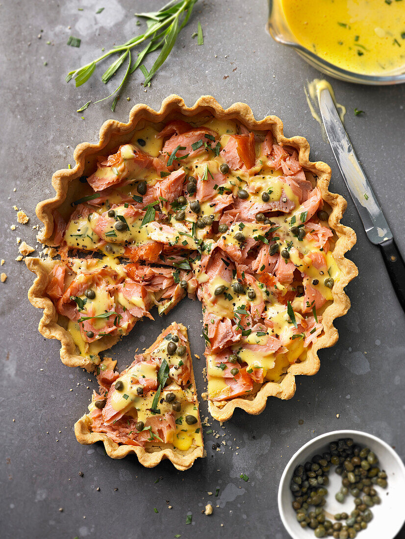 Salmon Hollandaise tart with capers