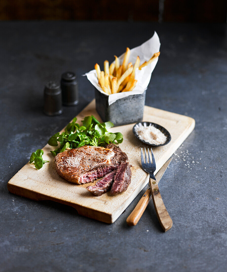 Ribeye steak with chips and Cornish smoked sea salt