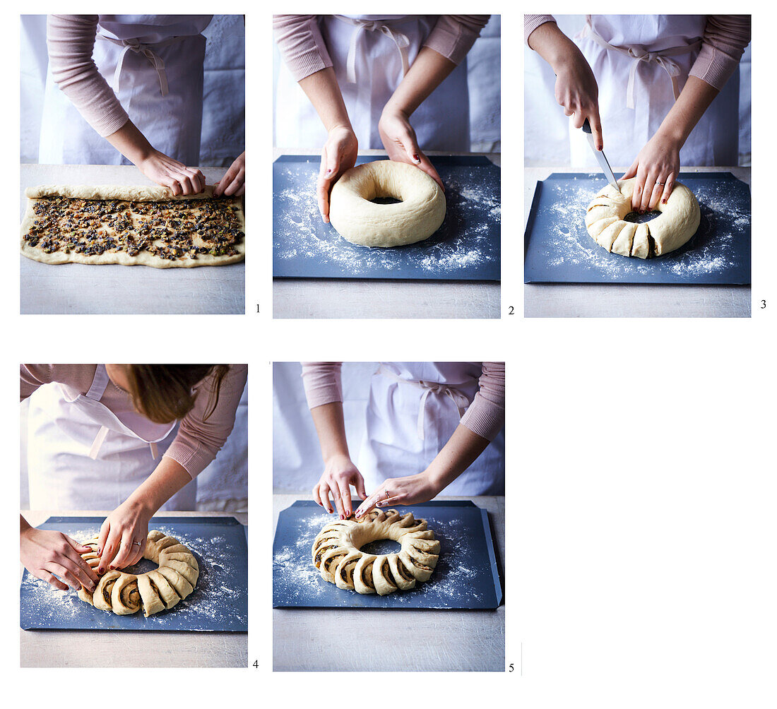 Making a fruit and pistachio bread wreath