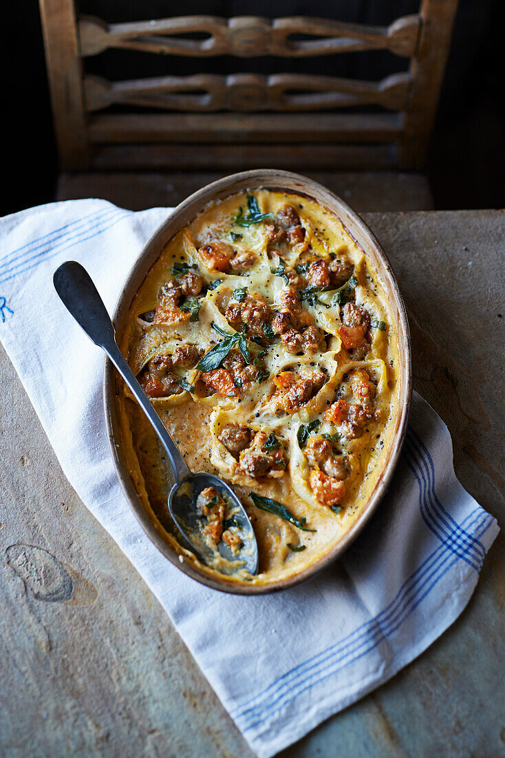 Baked stuffed shells with sausage, sage and butter pumpkin