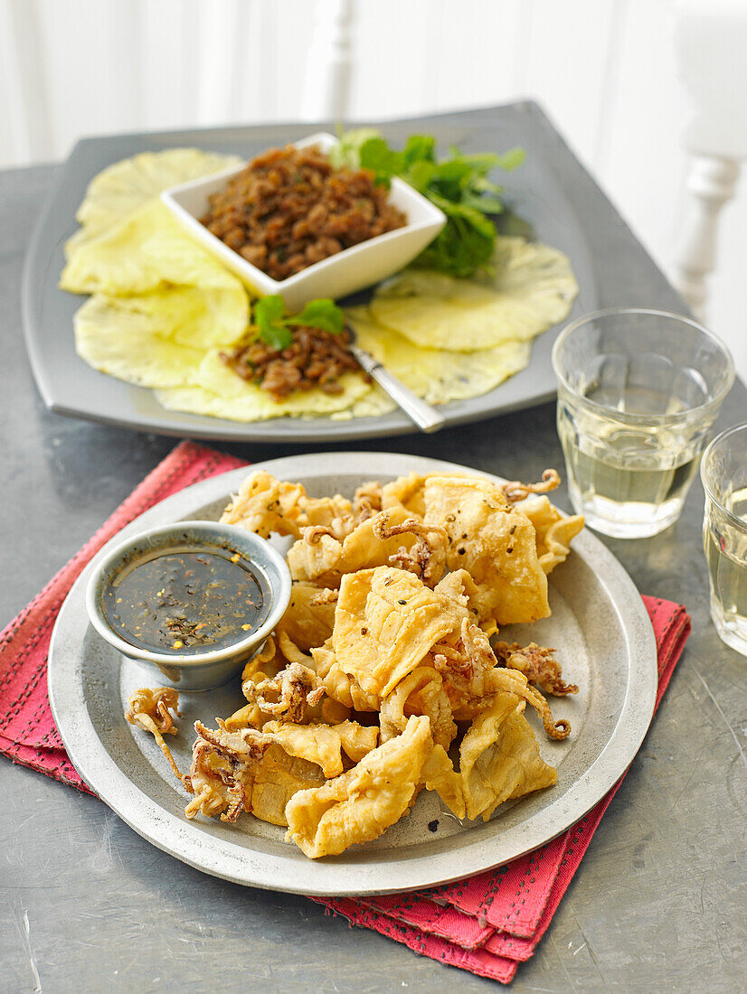 Sticky Thai ground pork, squid with roasted chili dipping sauce