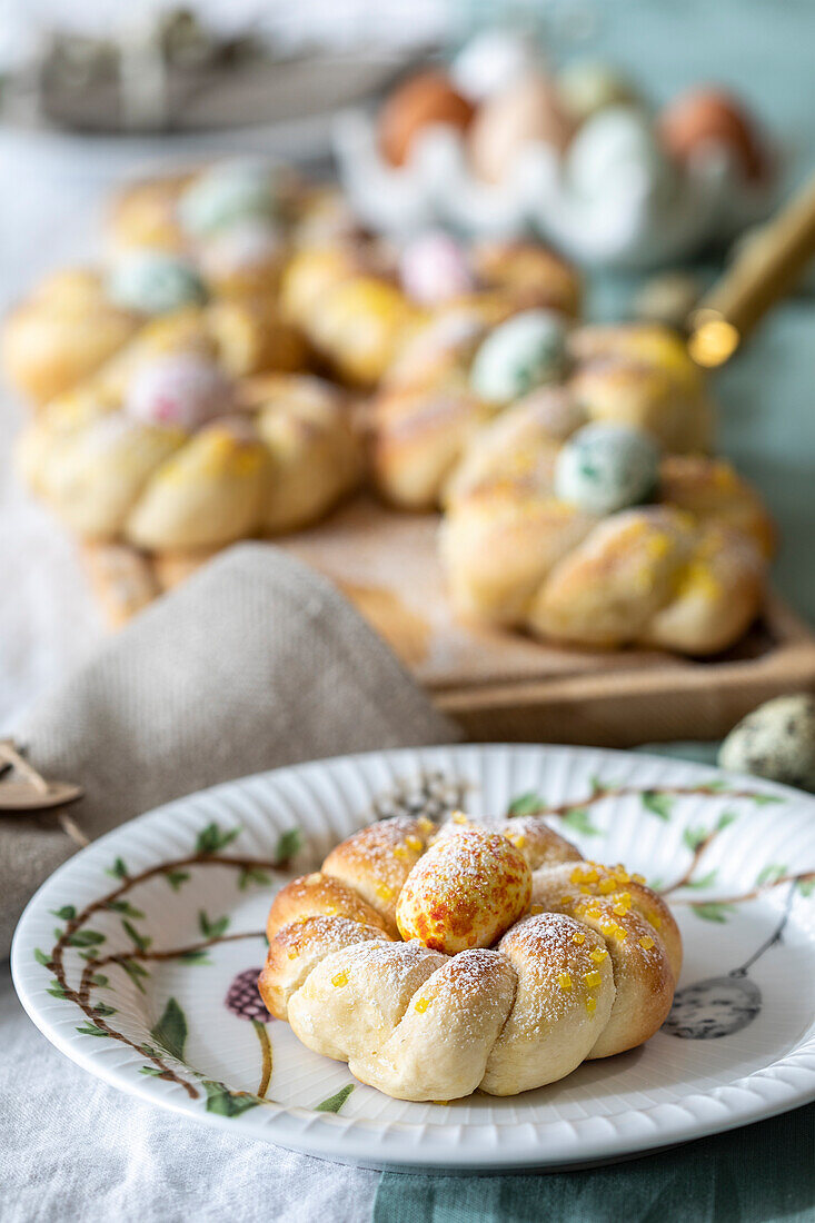 Yeast dough wreath with sugar eggs