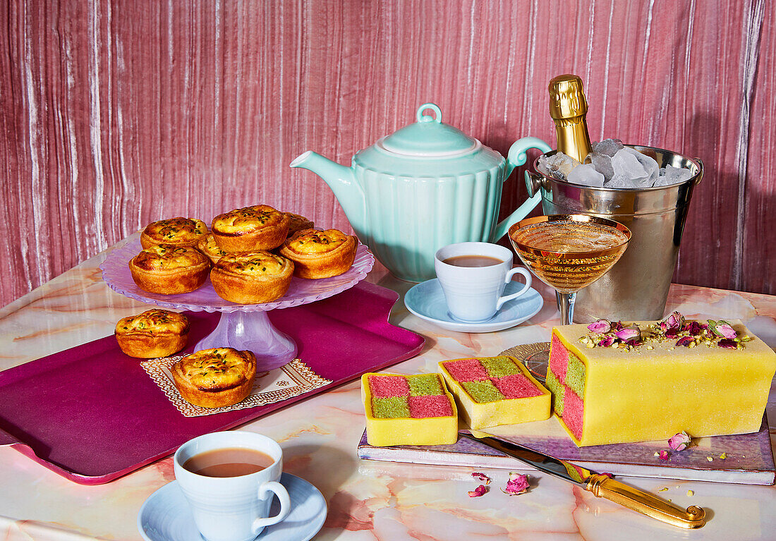 Afternoon tea with Battenberg cake and smokes trout tartlets